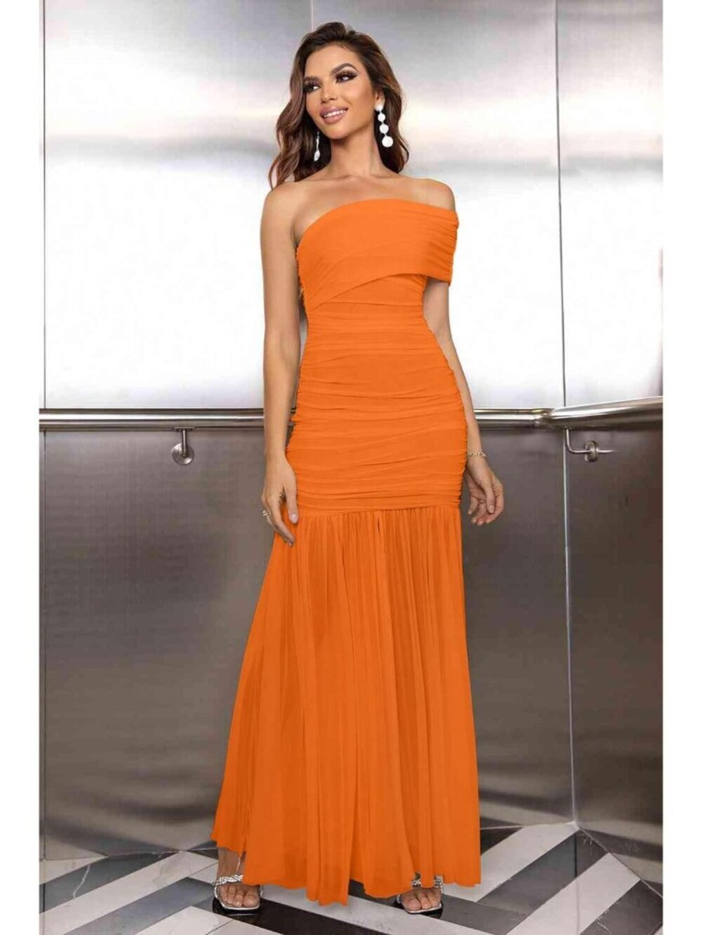 Women's Orange Elegant Formal ONE Shoulder Sleeveless Bodycon Maxi Long Dress - Picture 4 of 7